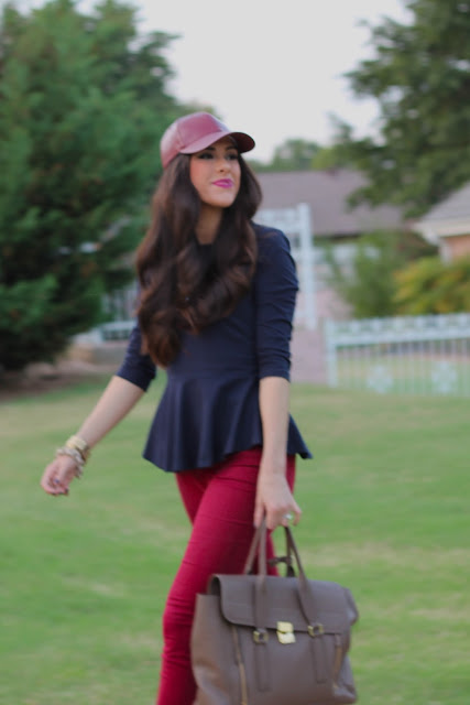 forever 21, style blogger, fashion blogger, long brown hair, curled hair, jcrew, leather baseball cap, jcrew necklace, jcrew replica, peplum, pave link bracelet, rebel lipstick, stylish women, style blogger, fashion blog, fall fashion, fall 2013 fashion, nyfw, jcpenney, express jeans, leopard heels, navy nails, pink peonies, atlantic pacific, michael kors gold watch, girls with style, fashionistas, best dressed bloggers