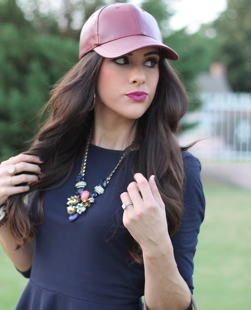 forever 21, style blogger, fashion blogger, long brown hair, curled hair, jcrew, leather baseball cap, jcrew necklace, jcrew replica, peplum, pave link bracelet, rebel lipstick, stylish women, style blogger, fashion blog, fall fashion, fall 2013 fashion, nyfw, jcpenney, express jeans, leopard heels, navy nails, pink peonies, atlantic pacific, michael kors gold watch, girls with style, fashionistas, best dressed bloggers