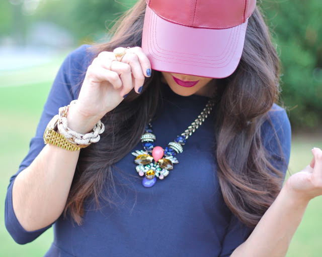 forever 21, style blogger, fashion blogger, long brown hair, curled hair, jcrew, leather baseball cap, jcrew necklace, jcrew replica, peplum, pave link bracelet, rebel lipstick, stylish women, style blogger, fashion blog, fall fashion, fall 2013 fashion, nyfw, jcpenney, express jeans, leopard heels, navy nails, pink peonies, atlantic pacific, michael kors gold watch, girls with style, fashionistas, best dressed bloggers