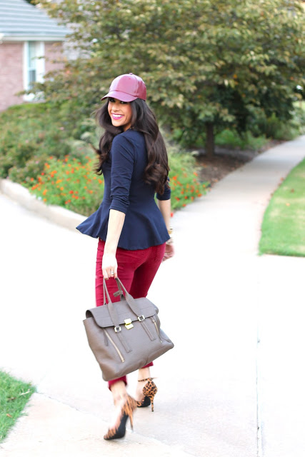 forever 21, style blogger, fashion blogger, long brown hair, curled hair, jcrew, leather baseball cap, jcrew necklace, jcrew replica, peplum, pave link bracelet, rebel lipstick, stylish women, style blogger, fashion blog, fall fashion, fall 2013 fashion, nyfw, jcpenney, express jeans, leopard heels, navy nails, pink peonies, atlantic pacific, michael kors gold watch, girls with style, fashionistas, best dressed bloggers