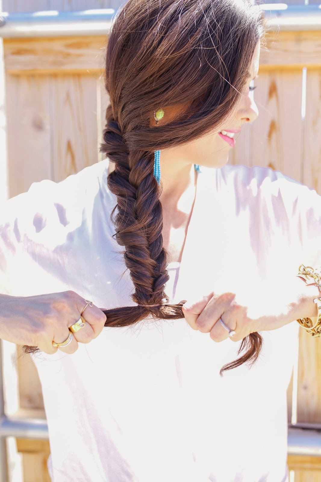 emily gemma hair, the sweetest thing hair, how to fishtail, messy fishtail braid, how to make a messy fishtail, bauble bar, turquoise tassel earrings, delyn evolve sessions, miles witt boyer, beauty blog, hair tutorials with braids