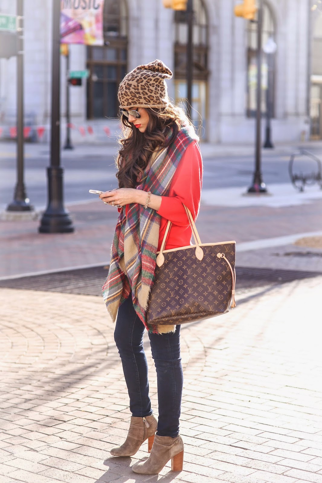 leopard print beanie, tulsa ok fashion blog, fall outfit ideas pinterest, blanket scarf outfit ideas, how to style a blanket scarf, pinterest fall ootd, booties with scarf outfit, emily gemma, red sweater with blanket scarf