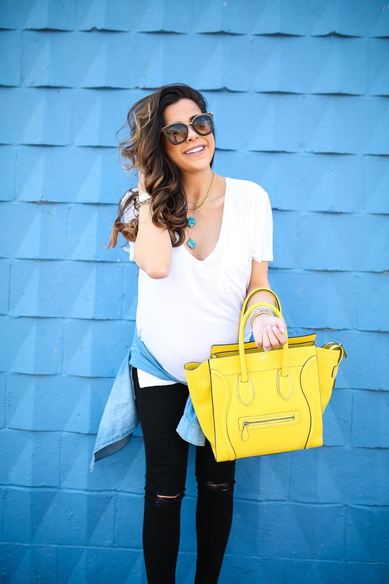 neon celine mini luggage, free people v neck tee, emily gemma, the sweetest thing blog, prada cat eye sunglasses, vanessa mooney turquoise necklace, pinterest spring fashion 2017, pinterest spring outfit ideas, maternity outfit ideas spring pinterest