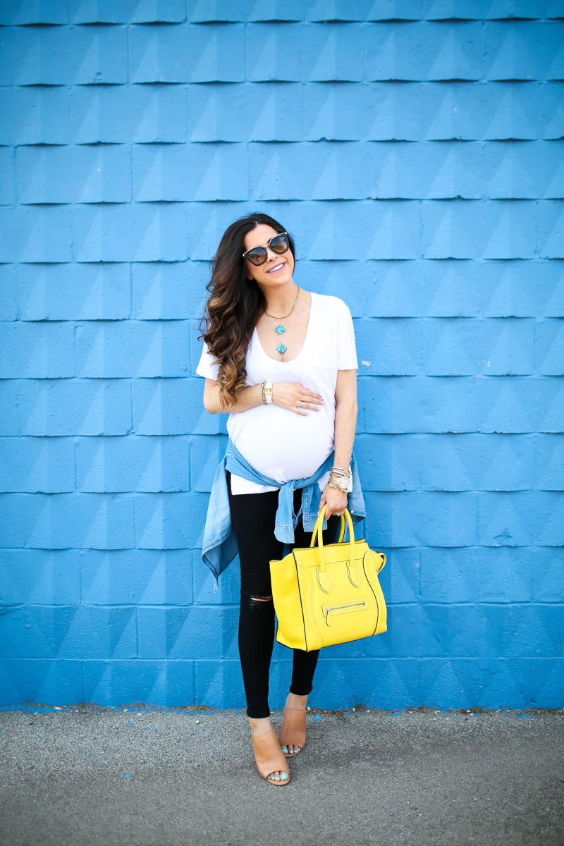 neon celine mini luggage, free people v neck tee, emily gemma, the sweetest thing blog, prada cat eye sunglasses, vanessa mooney turquoise necklace, pinterest spring fashion 2017, pinterest spring outfit ideas, maternity outfit ideas spring pinterest