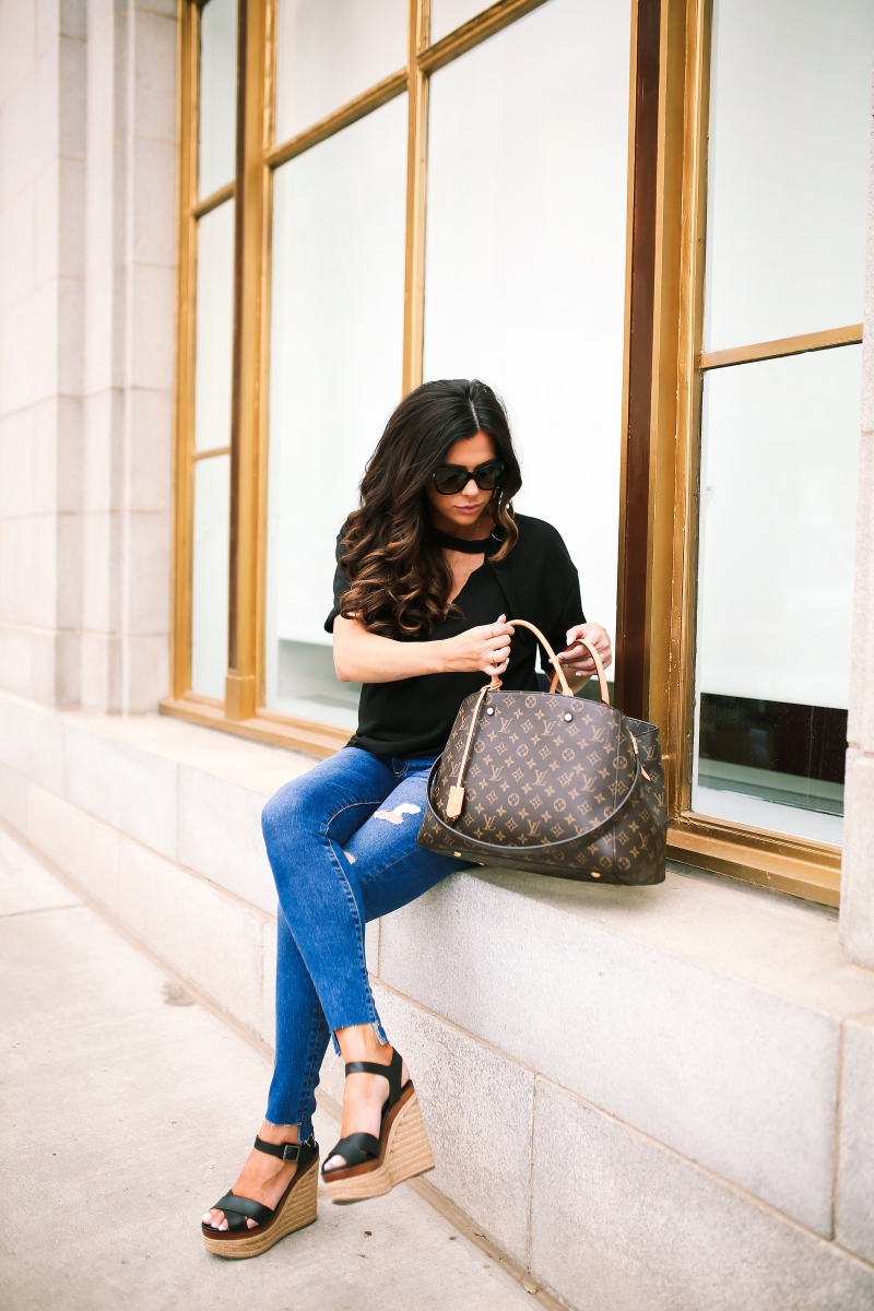 emily gemma, the sweetest thing blog, pinterest summer fashion, pinterest louis vuitton handbag outfit, louis vuitton montaign GM, black nordstrom socialite top, nordstrom AG jeans, tom ford black sunglasses christina elmoussa