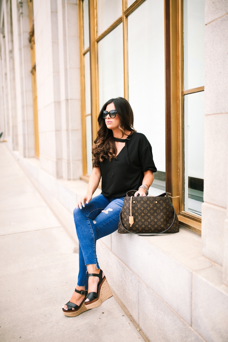 emily gemma, the sweetest thing blog, pinterest summer fashion, pinterest louis vuitton handbag outfit, louis vuitton montaign GM, black nordstrom socialite top, nordstrom AG jeans, tom ford black sunglasses christina elmoussa