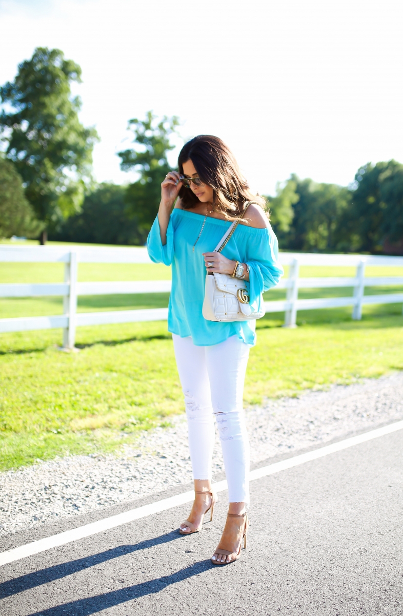pinterest summer outfit ideas white denim, pinterest summer fashion off the shoulder tops, sanctuary off the shoulder top, gucci white marmont bag, emily gemma, the sweetest thing blog, cute outfit post partum, michele diamond deco, steve madden stecy heel, white ripped skinny jeans, white J brand jeans