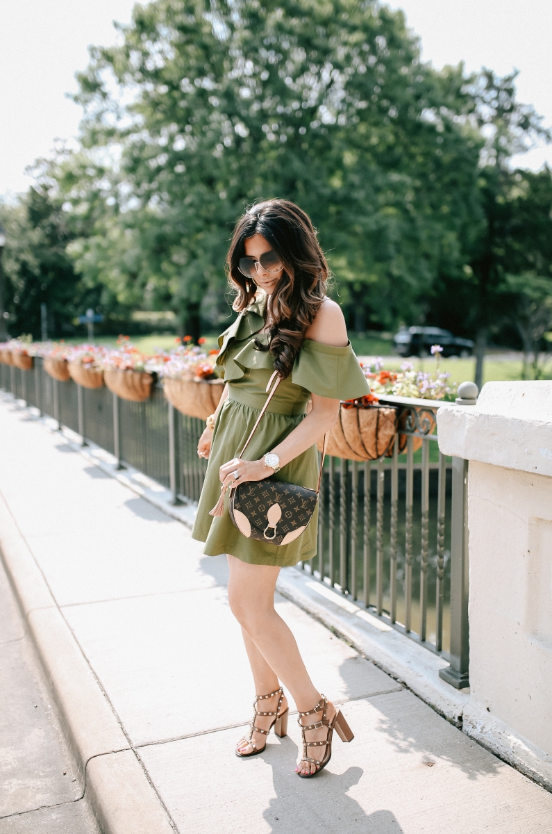 emily gemma, the sweetest thing blog, JOA ruffled olive one shoulder dress, dallas fashion blog, louis vuitton Saint cloud, valentino rockstud sandals, pinterest summer fashion outfits cute, tumblr summer fashion 2017