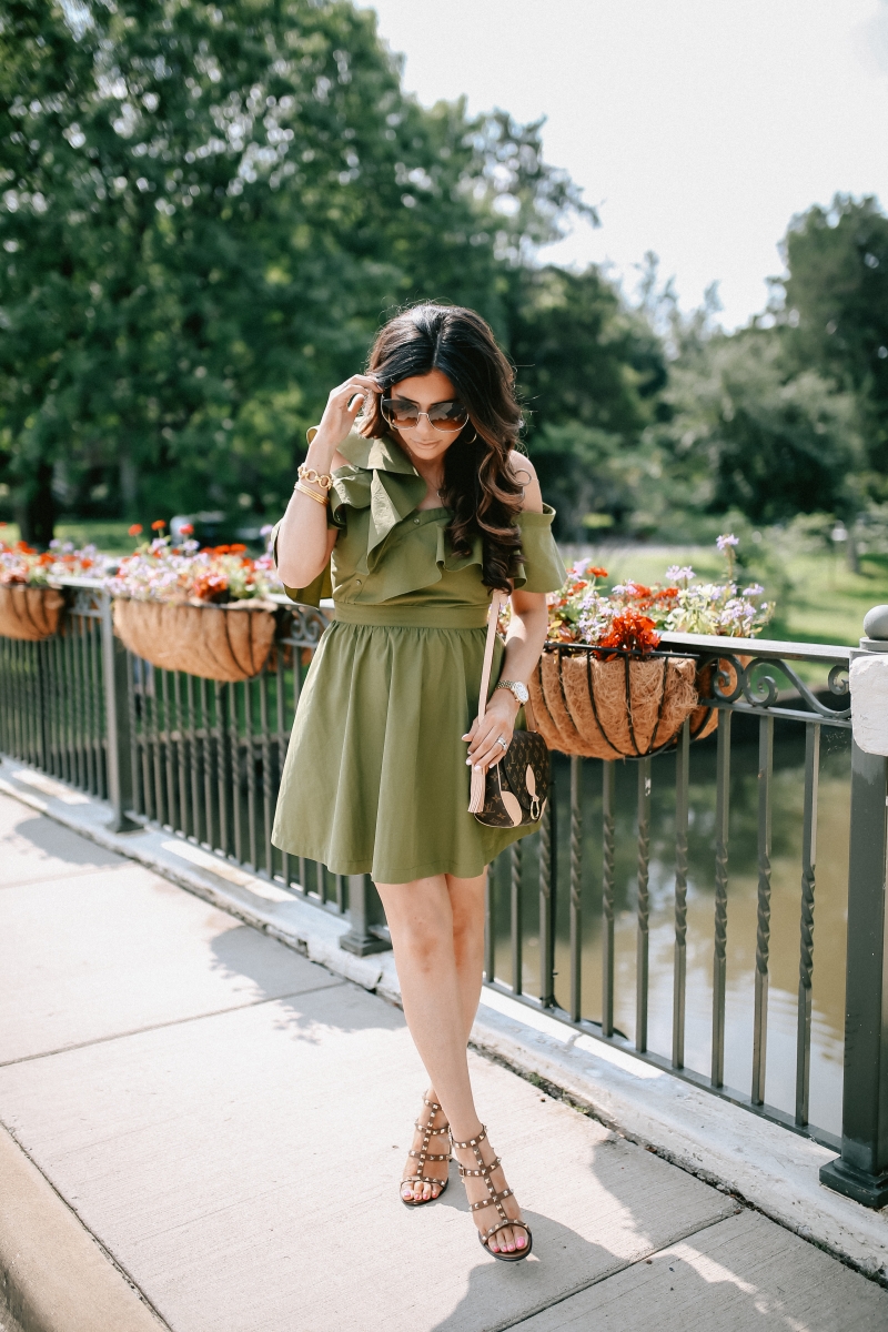 emily gemma, the sweetest thing blog, JOA ruffled olive one shoulder dress, dallas fashion blog, louis vuitton Saint cloud, valentino rockstud sandals, pinterest summer fashion outfits cute, tumblr summer fashion 2017