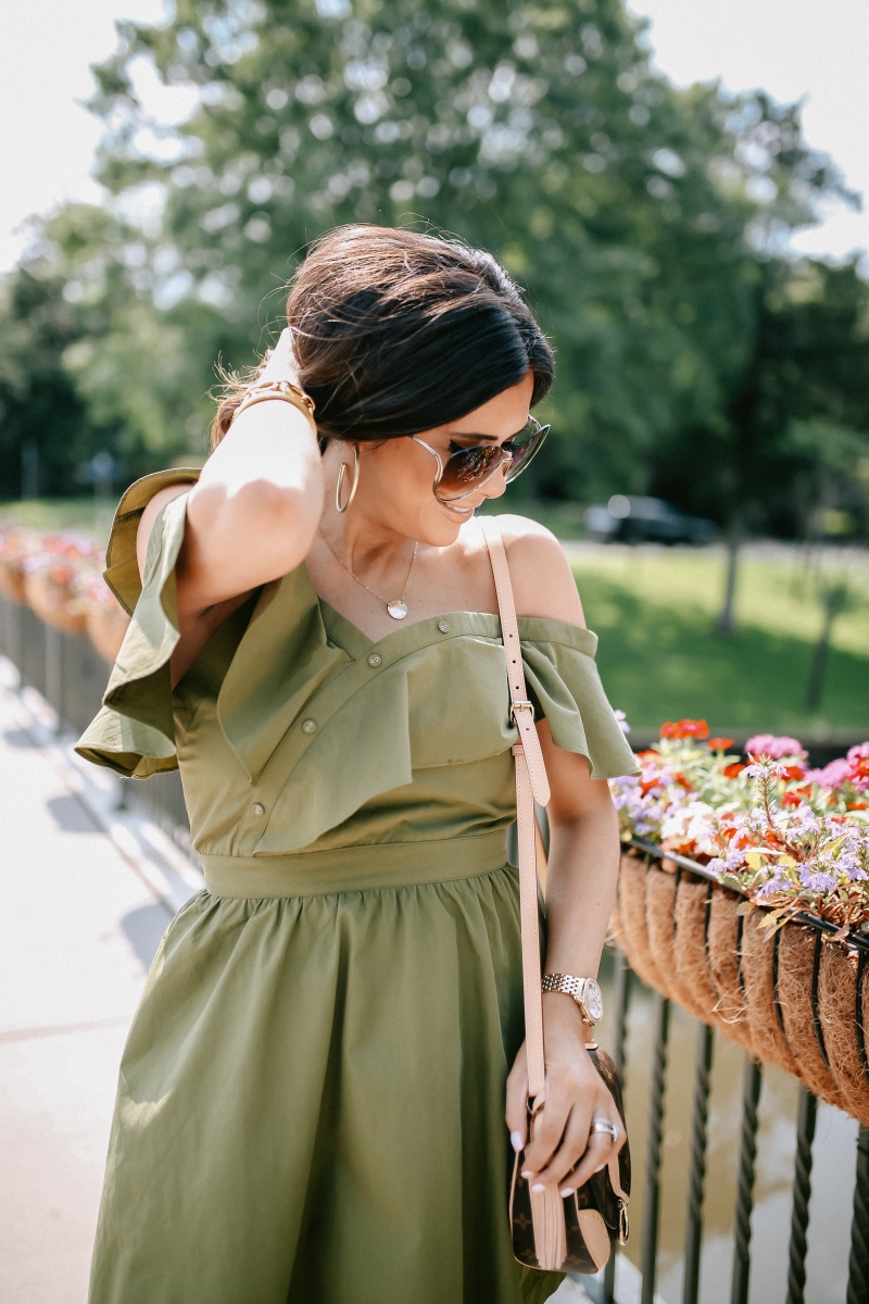 emily gemma, the sweetest thing blog, JOA ruffled olive one shoulder dress, dallas fashion blog, louis vuitton Saint cloud, valentino rockstud sandals, pinterest summer fashion outfits cute, tumblr summer fashion 2017