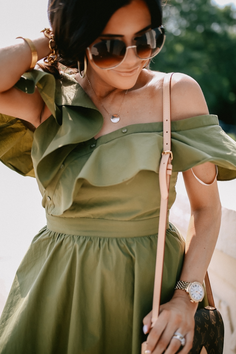 emily gemma, the sweetest thing blog, JOA ruffled olive one shoulder dress, dallas fashion blog, louis vuitton Saint cloud, valentino rockstud sandals, pinterest summer fashion outfits cute, tumblr summer fashion 2017