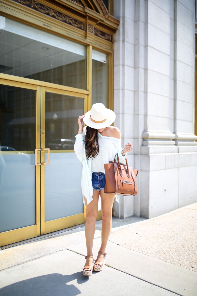 emily gemma, the sweetest thing blog, cute summer outfit with ripped denim shorts, lack of color MACK hat, celine mini luggage tan, one teaspoon ripped shorts,