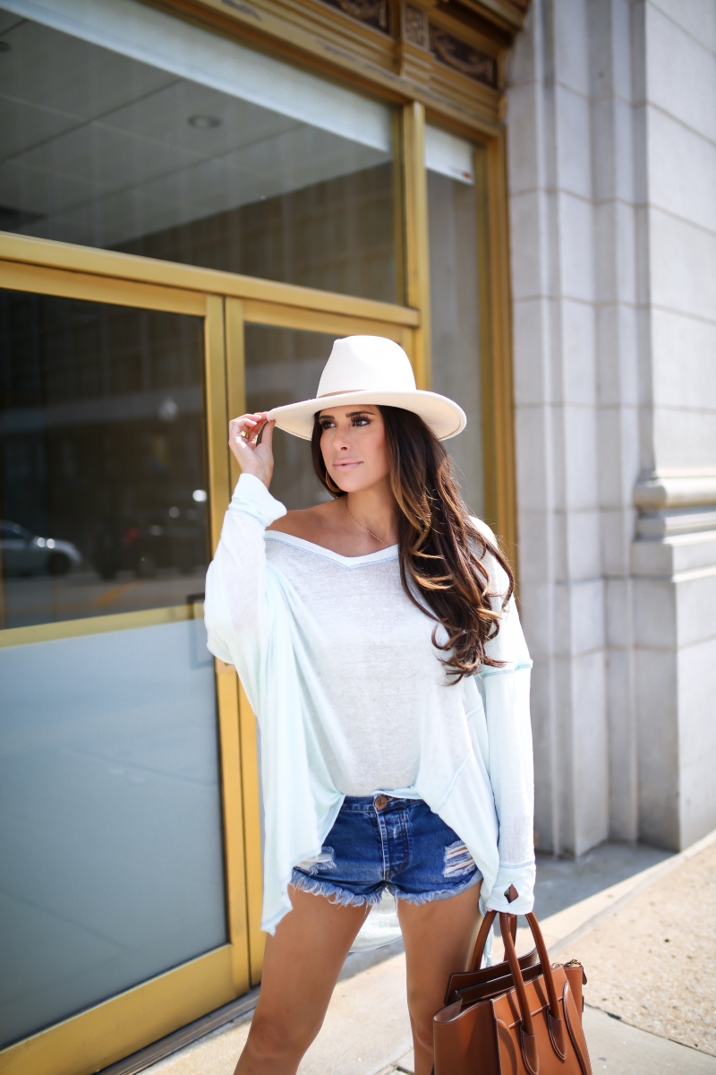 emily gemma, the sweetest thing blog, cute summer outfit with ripped denim shorts, lack of color MACK hat, celine mini luggage tan, one teaspoon ripped shorts,