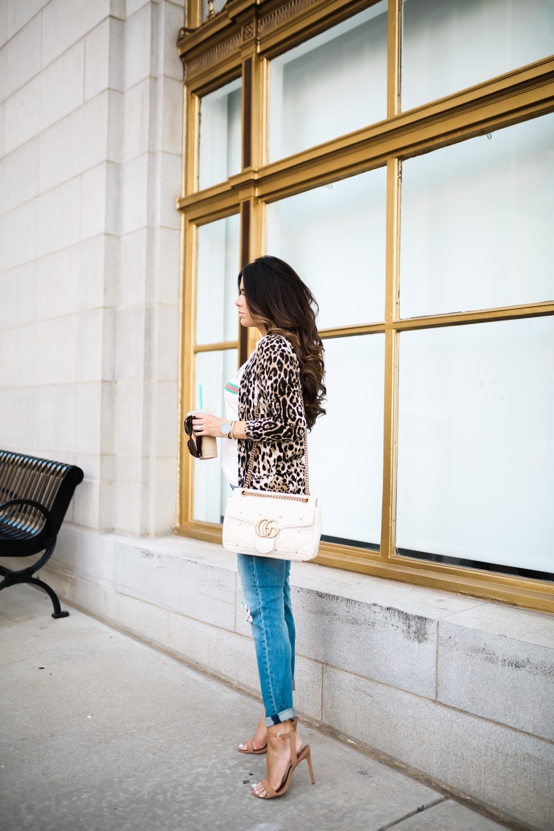 Gucci tee shirt outfit, Gucci Marmont White Medium Bag, Gucci Square Tortoise sunglasses, cute fall fashion outfits 2017, pinterest gucci tee outfit, Gucci tee outfit with leopard cardigan, fall fashion tumblr 2017, emily gemma, the sweetest thing blog