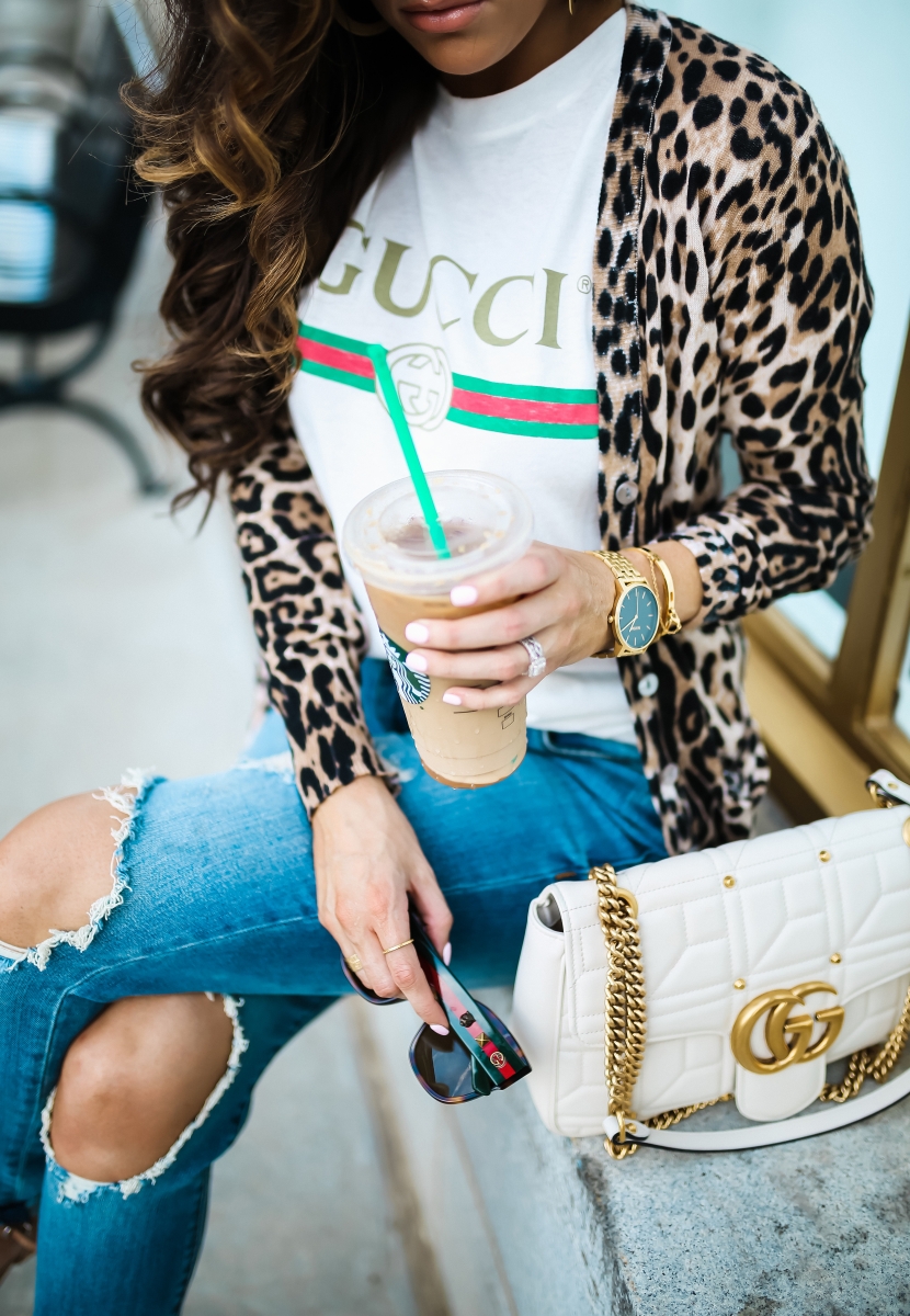 Gucci tee shirt outfit, Gucci Marmont White Medium Bag, Gucci Square Tortoise sunglasses, cute fall fashion outfits 2017, pinterest gucci tee outfit, Gucci tee outfit with leopard cardigan, fall fashion tumblr 2017, emily gemma, the sweetest thing blog