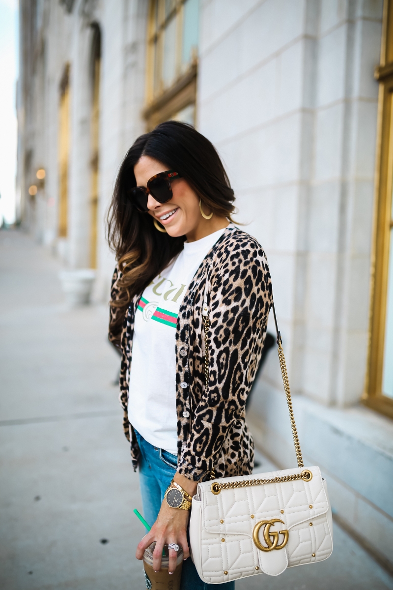 Gucci tee shirt outfit, Gucci Marmont White Medium Bag, Gucci Square Tortoise sunglasses, cute fall fashion outfits 2017, pinterest gucci tee outfit, Gucci tee outfit with leopard cardigan, fall fashion tumblr 2017, emily gemma, the sweetest thing blog