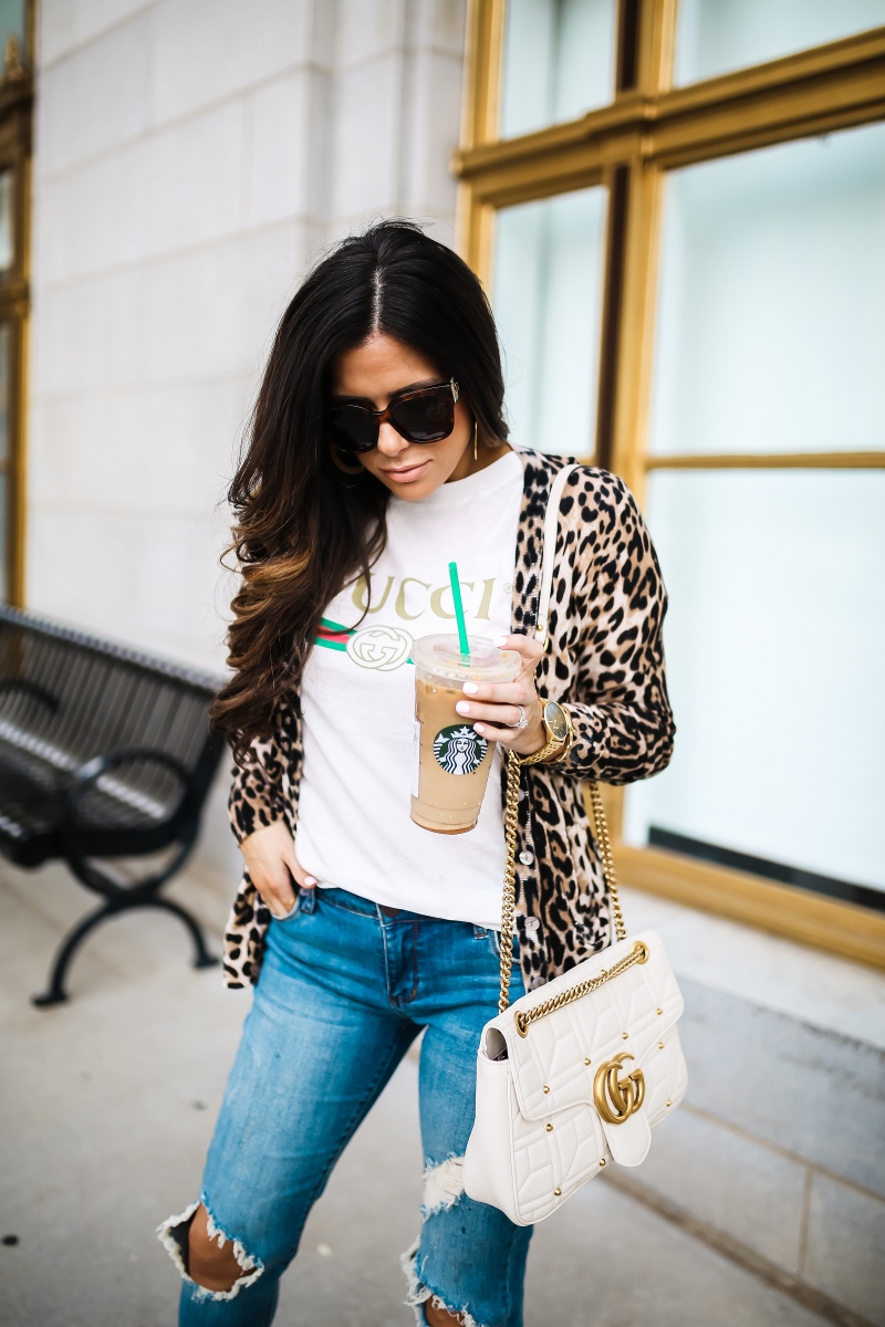 Gucci tee shirt outfit, Gucci Marmont White Medium Bag, Gucci Square Tortoise sunglasses, cute fall fashion outfits 2017, pinterest gucci tee outfit, Gucci tee outfit with leopard cardigan, fall fashion tumblr 2017, emily gemma, the sweetest thing blog