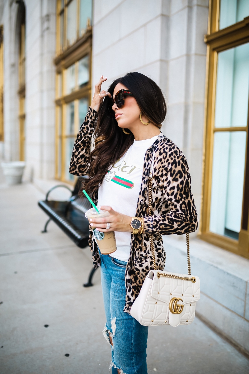 Gucci tee shirt outfit, Gucci Marmont White Medium Bag, Gucci Square Tortoise sunglasses, cute fall fashion outfits 2017, pinterest gucci tee outfit, Gucci tee outfit with leopard cardigan, fall fashion tumblr 2017, emily gemma, the sweetest thing blog