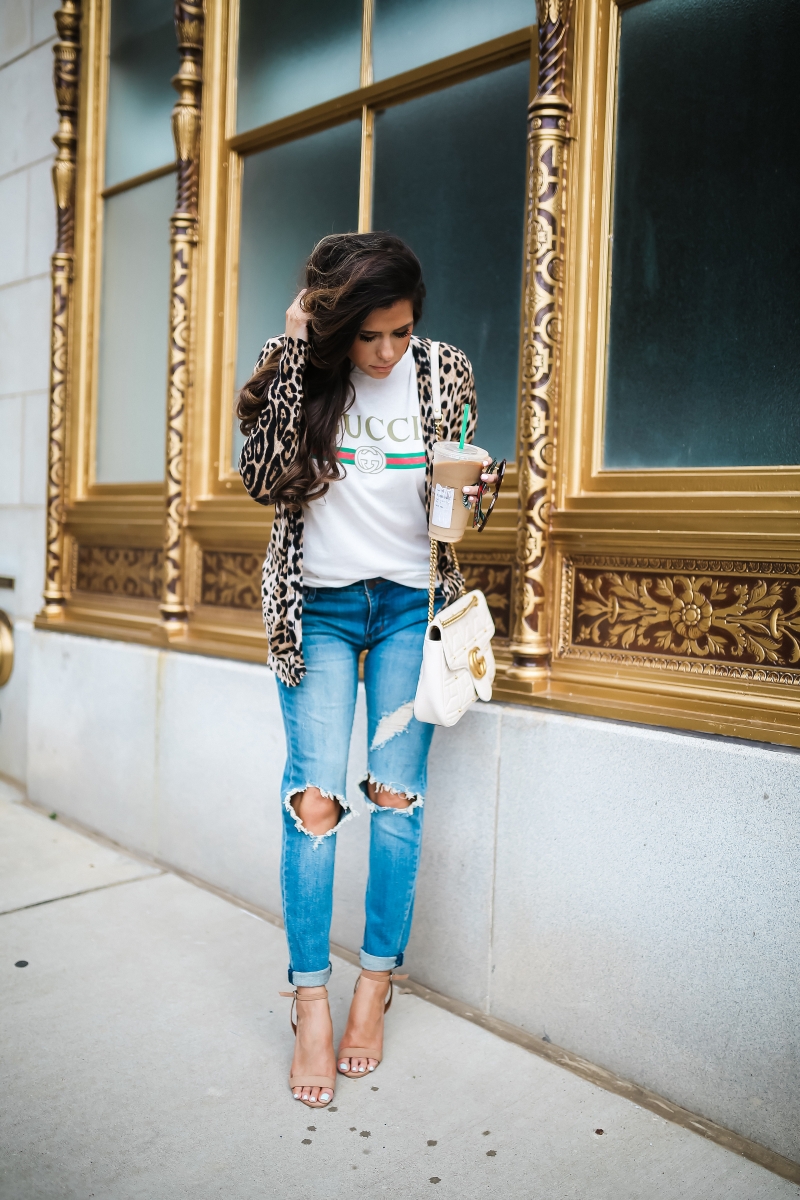 Gucci tee shirt outfit, Gucci Marmont White Medium Bag, Gucci Square Tortoise sunglasses, cute fall fashion outfits 2017, pinterest gucci tee outfit, Gucci tee outfit with leopard cardigan, fall fashion tumblr 2017, emily gemma, the sweetest thing blog