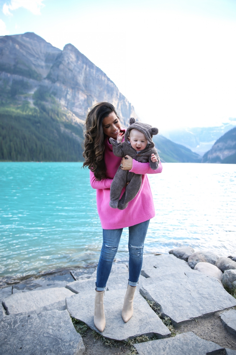 fall fashion 2017, lake louise canada, pinterest fall fashion, fall fashion tumblr 2017, cute fall fashion travel photos, lake louise canada travel blogger, baby in bear outfit, cute babies in bear costumes, pink free people sweater, emily gemma, the sweetest thing blog