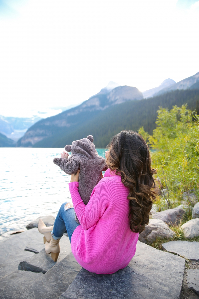 fall fashion 2017, lake louise canada, pinterest fall fashion, fall fashion tumblr 2017, cute fall fashion travel photos, lake louise canada travel blogger, baby in bear outfit, cute babies in bear costumes, pink free people sweater, emily gemma, the sweetest thing blog