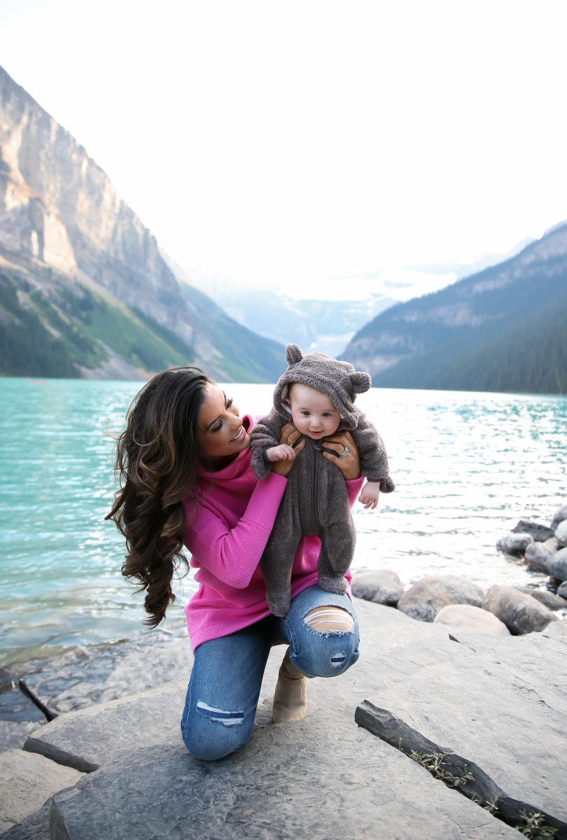 fall fashion 2017, lake louise canada, pinterest fall fashion, fall fashion tumblr 2017, cute fall fashion travel photos, lake louise canada travel blogger, baby in bear outfit, cute babies in bear costumes, pink free people sweater, emily gemma, the sweetest thing blog