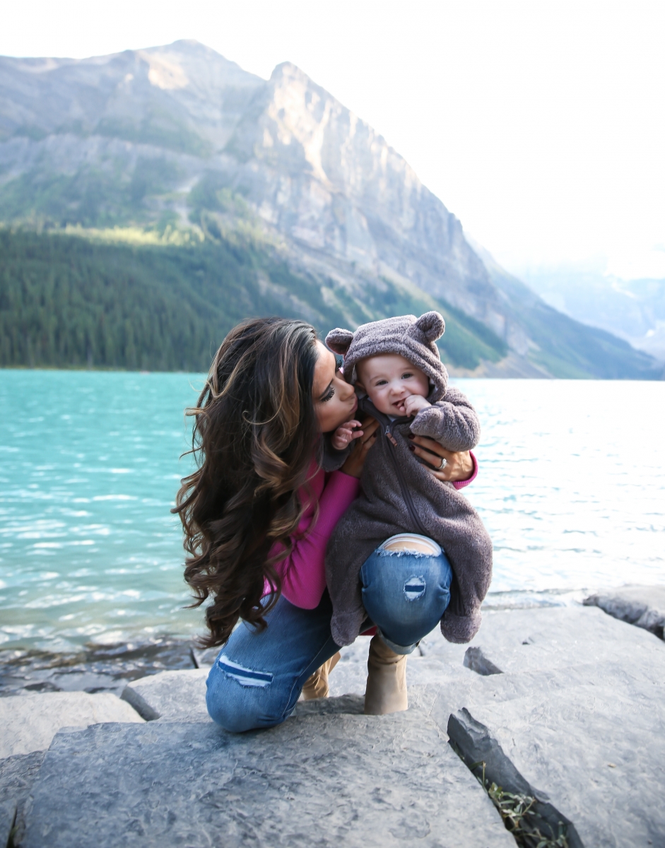 fall fashion 2017, lake louise canada, pinterest fall fashion, fall fashion tumblr 2017, cute fall fashion travel photos, lake louise canada travel blogger, baby in bear outfit, cute babies in bear costumes, pink free people sweater, emily gemma, the sweetest thing blog