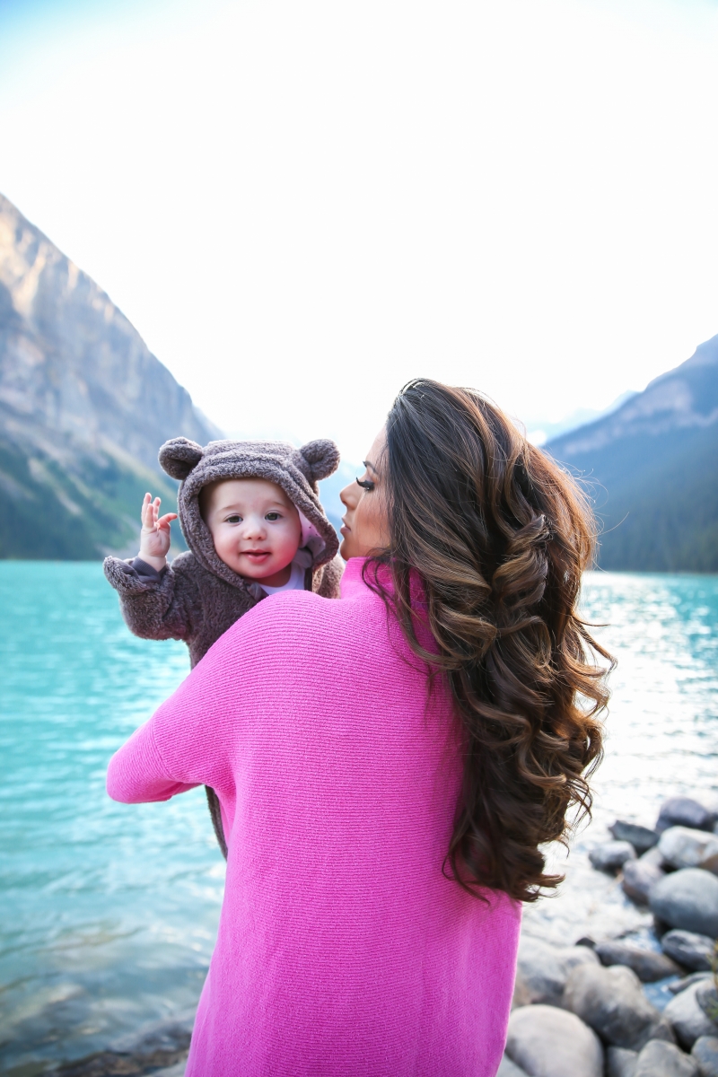 fall fashion 2017, lake louise canada, pinterest fall fashion, fall fashion tumblr 2017, cute fall fashion travel photos, lake louise canada travel blogger, baby in bear outfit, cute babies in bear costumes, pink free people sweater, emily gemma, the sweetest thing blog