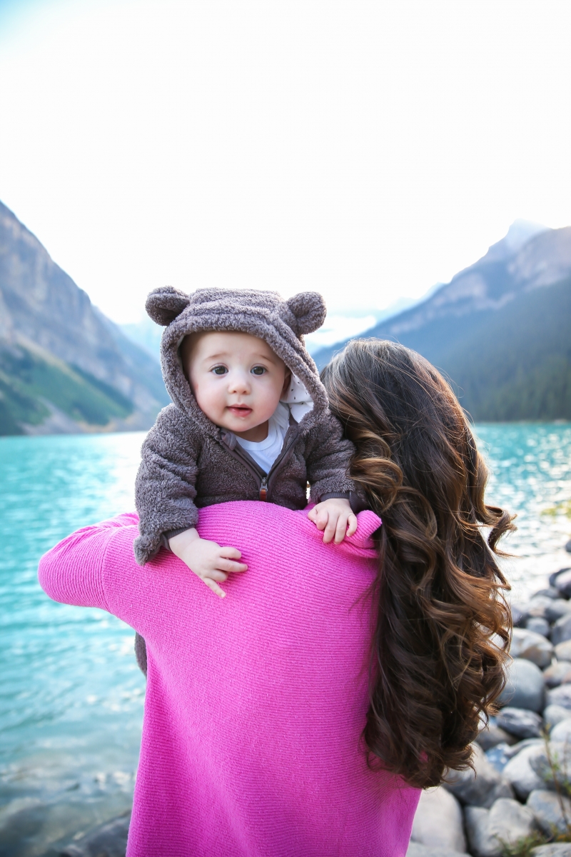 fall fashion 2017, lake louise canada, pinterest fall fashion, fall fashion tumblr 2017, cute fall fashion travel photos, lake louise canada travel blogger, baby in bear outfit, cute babies in bear costumes, pink free people sweater, emily gemma, the sweetest thing blog