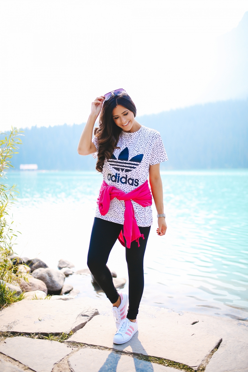 adidas womens polka dot shirt, emily gemma blog, zella leggings review, adidas superstar pink, the sweetest thing blog, lake louise canada, fashion bloggers who travel, travel bloggers in canada, popular travel and fashion bloggers | Cute Baby Boy Clothes by popular Michigan fashion blog, The Sweetest Thing: image of a woman wearing a Nordstrom Originals NMD Logo Tee ADIDAS, Nordstrom Superstar Sneaker ADIDAS, Nordstrom High Key 62mm Aviator Sunglasses QUAY AUSTRALIA, Nordstrom Deco Diamond Diamond Dial Watch Head, 33mm x 35mm MICHELE, and Nordstrom Superstar Track Jacket & Pants Set ADIDAS ORIGINALS.