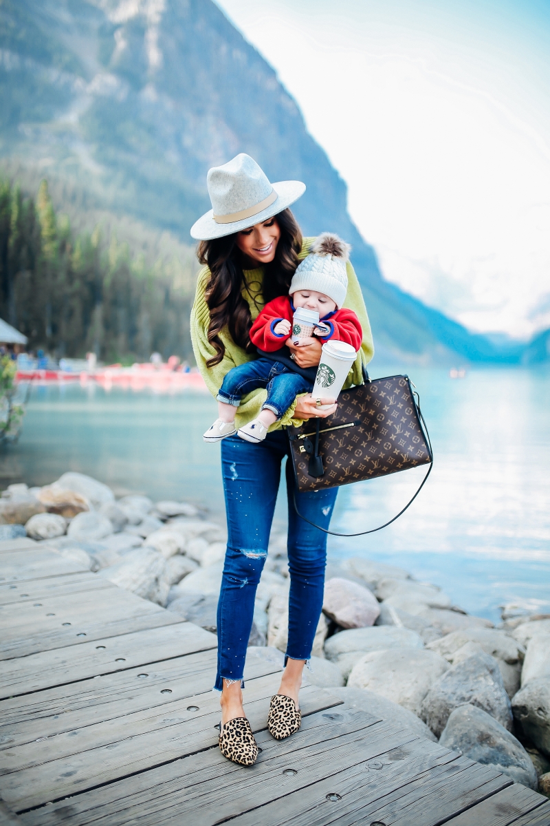 emily gemma, fall fashion outfits 2017, pinterest fall fashion 2017, cute fall outfits tumblr 2017, pinterest fall outfit ideas jeans, free people sunflower sweater, AG ankle skinny jeans, lack of color MACK hat, Louis vuitton poppincourt MM, baby boy fashion outfits, baby boy patagonia, travel blogger canada lake louise, lake louise photos, cute travel family photos, baby boy beanies, baby boy patagonia, cute mother son photos, mom and son photos