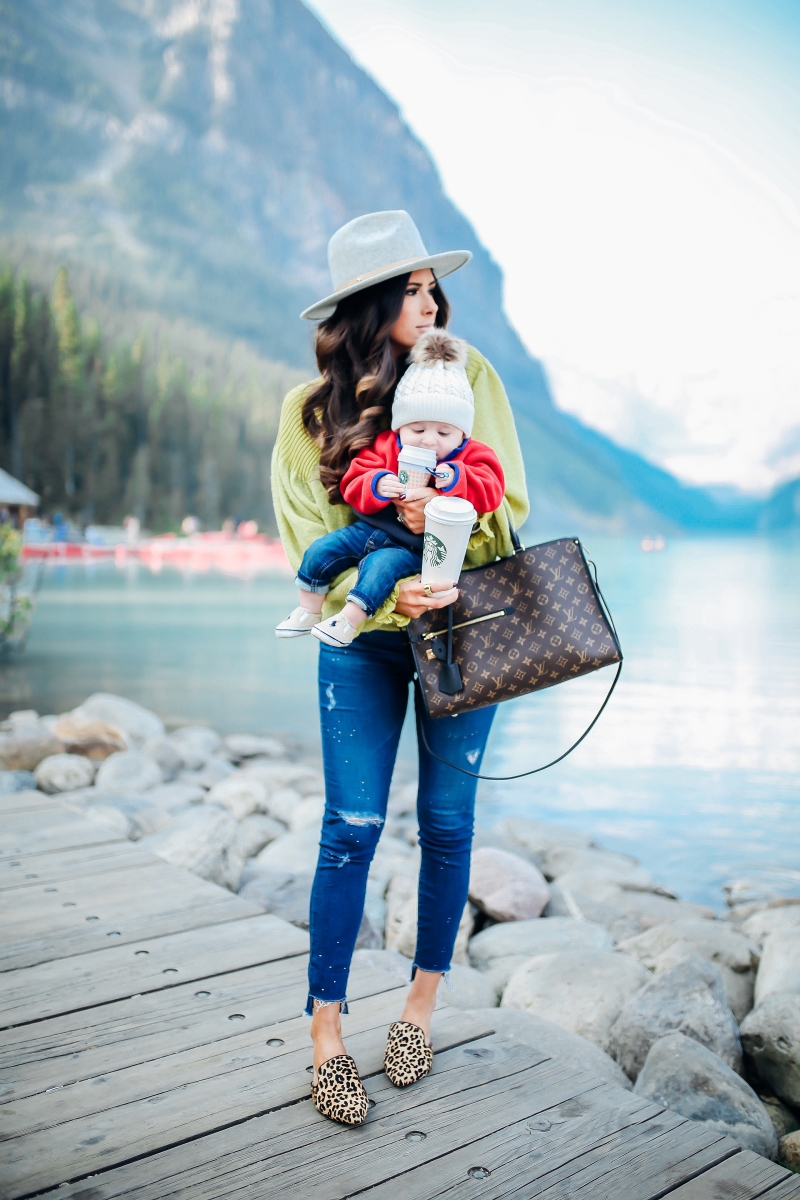 emily gemma, fall fashion outfits 2017, pinterest fall fashion 2017, cute fall outfits tumblr 2017, pinterest fall outfit ideas jeans, free people sunflower sweater, AG ankle skinny jeans, lack of color MACK hat, Louis vuitton poppincourt MM, baby boy fashion outfits, baby boy patagonia, travel blogger canada lake louise, lake louise photos, cute travel family photos, baby boy beanies, baby boy patagonia, cute mother son photos, mom and son photos