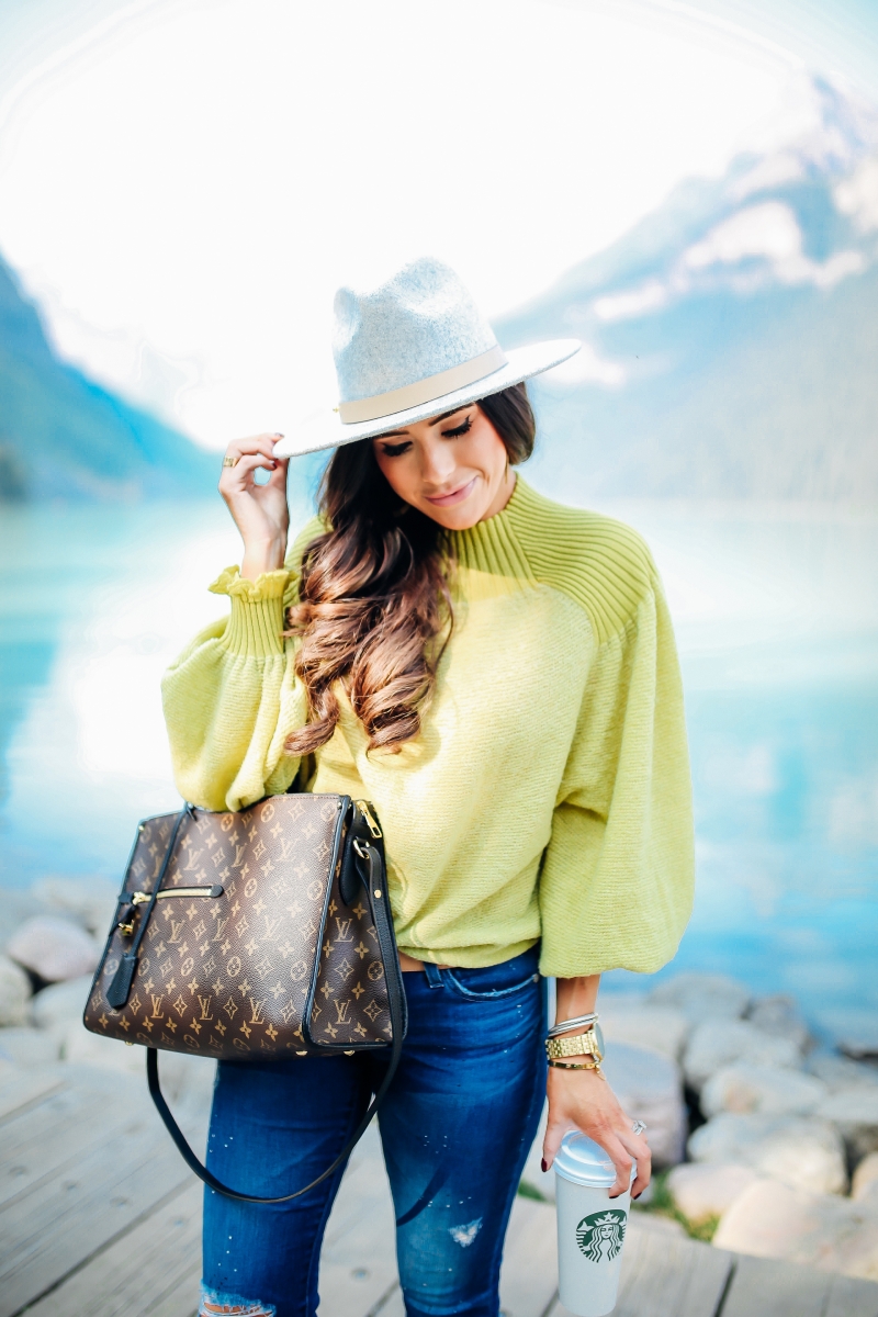 emily gemma, fall fashion outfits 2017, pinterest fall fashion 2017, cute fall outfits tumblr 2017, pinterest fall outfit ideas jeans, free people sunflower sweater, AG ankle skinny jeans, lack of color MACK hat, Louis vuitton poppincourt MM, baby boy fashion outfits, baby boy patagonia, travel blogger canada lake louise, lake louise photos, cute travel family photos, baby boy beanies, baby boy patagonia, cute mother son photos, mom and son photos