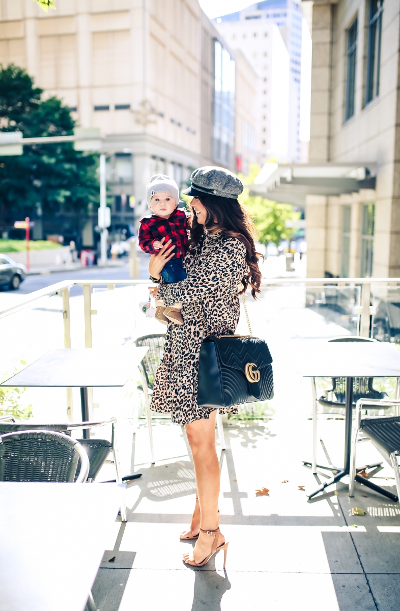 emily gemma blog, fall fashion outfits 2017, baby boy outfits fall plaid and beanies, ASOS leopard dress, brixton fiddler cap, cadet cap trend fall 2017, how to wear a cadet cap 2017, ASOS leopard print dress, fall leopard print dress, Gucci Marmont Maxi Sized, baby boy fashion blog, pinterest baby mom fashion blog, tumblr cute fall outfit family photos, Seattle travel blogger