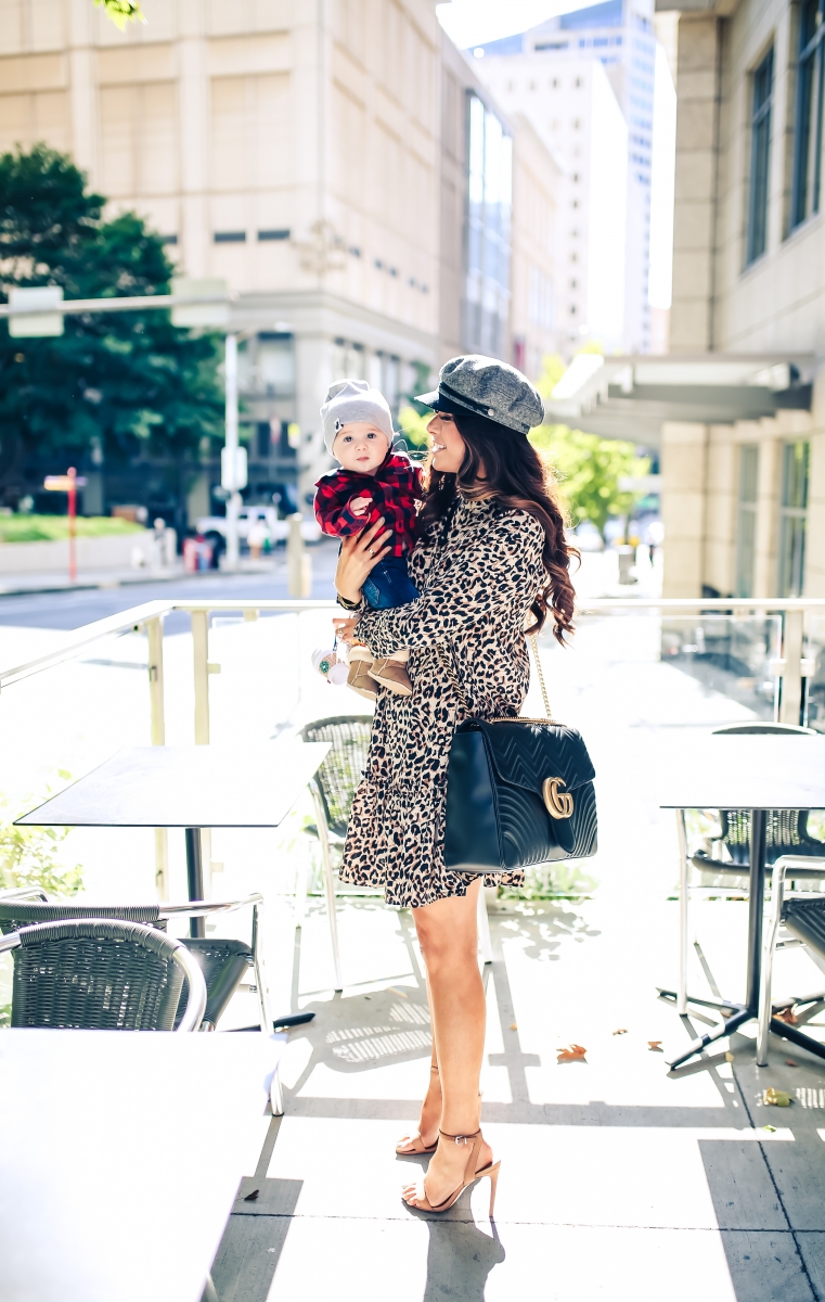 emily gemma blog, fall fashion outfits 2017, baby boy outfits fall plaid and beanies, ASOS leopard dress, brixton fiddler cap, cadet cap trend fall 2017, how to wear a cadet cap 2017, ASOS leopard print dress, fall leopard print dress, Gucci Marmont Maxi Sized, baby boy fashion blog, pinterest baby mom fashion blog, tumblr cute fall outfit family photos, Seattle travel blogger