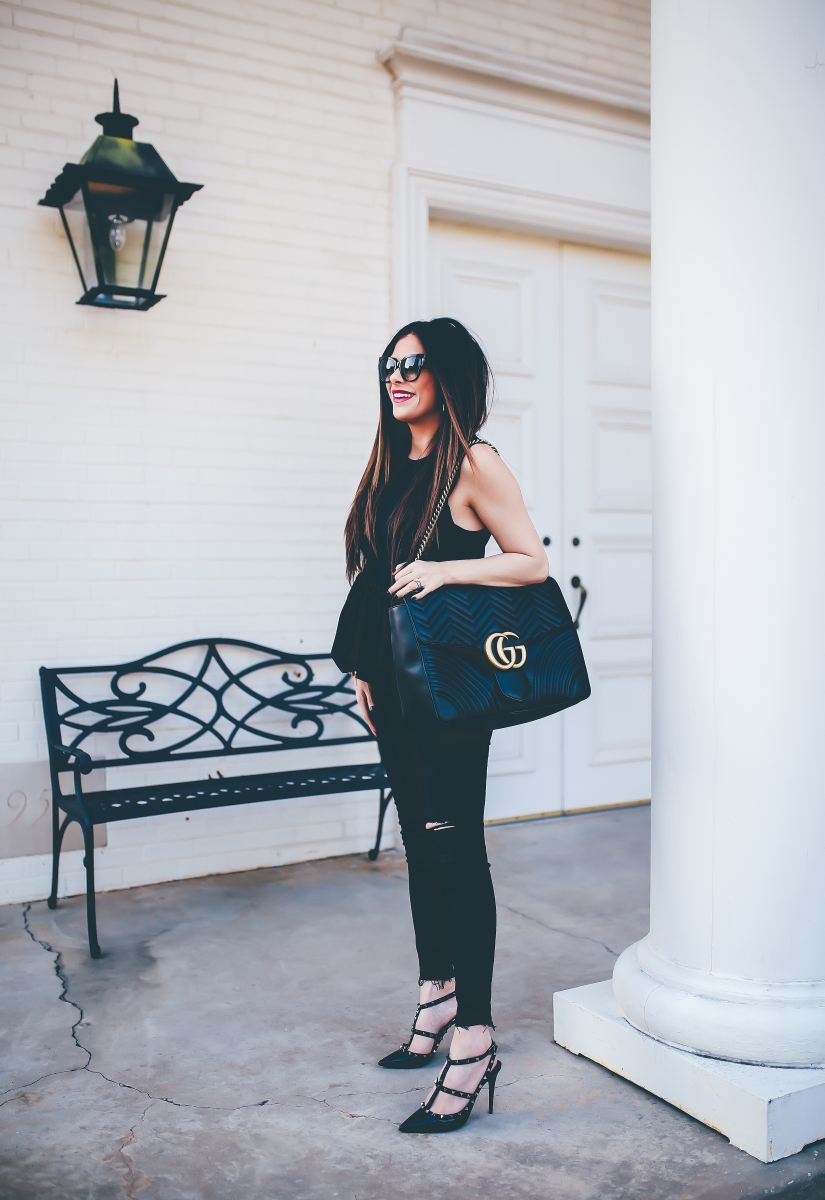 fall fashion 2017, DL1961 instasculpt jeans review, Harvey fairfield peplum top, gucci Marmont Maxi black, black valentino rockstud heels, emily gemma blog, the sweetest thing blog, most flattering black jeans, 