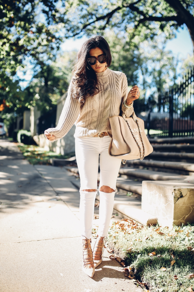 fall fashion 2017, cute fall outfits pinterest, fall outfits with white pants pinterest, emily ann gemma blog, the sweetest thing blog, cable knit sweater and jeans outfit fall fashion, cute thanksgiving outfit ideas, chanel deauville Ecru, gucci square sunglasses