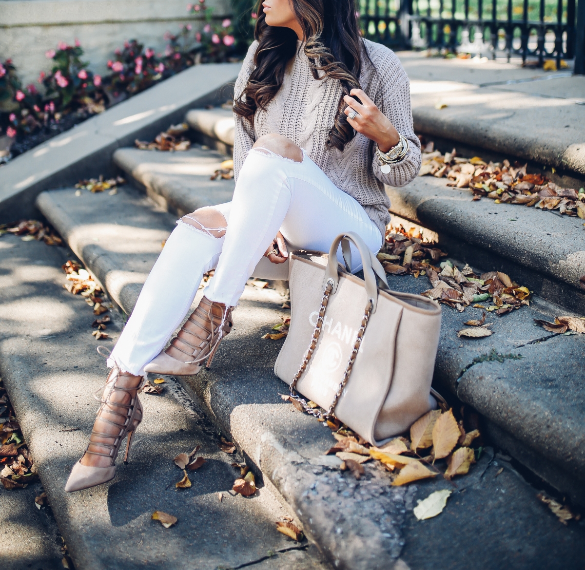 fall fashion 2017, cute fall outfits pinterest, fall outfits with white pants pinterest, emily ann gemma blog, the sweetest thing blog, cable knit sweater and jeans outfit fall fashion, cute thanksgiving outfit ideas, chanel deauville Ecru, gucci square sunglasses