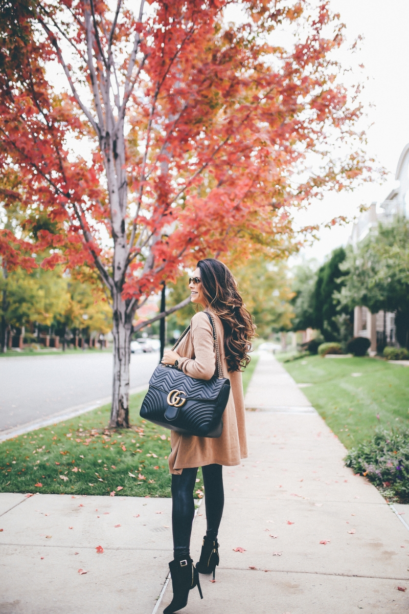 cute fall outfits cardigans, The Sweetest Thing Blog, faux leather leggings spanx review, best faux leather leggings, outfits faux leather leggings, fall outfit tan cardigan, cute fall outfits cardigans, denver travel blogger fashion blogger, the sweetest thing, Gucci Marmont Maxi