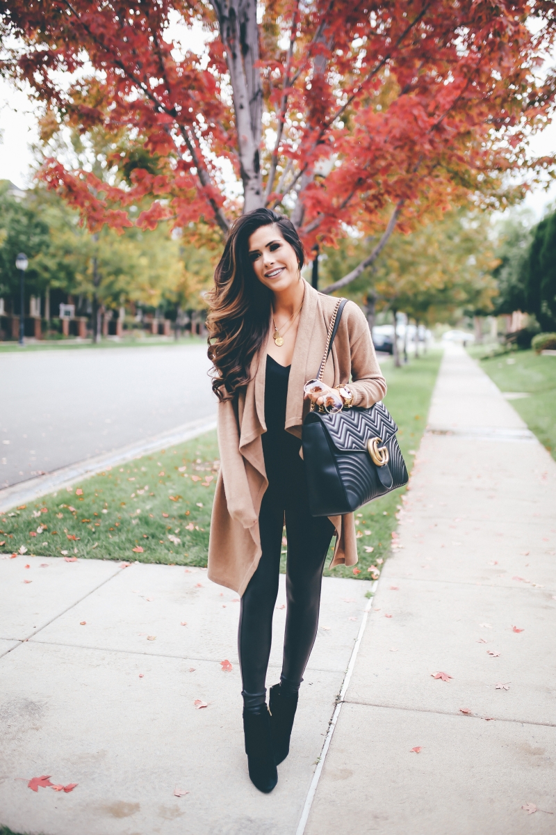 cute fall outfits cardigans, The Sweetest Thing Blog, faux leather leggings spanx review, best faux leather leggings, outfits faux leather leggings, fall outfit tan cardigan, cute fall outfits cardigans, denver travel blogger fashion blogger, the sweetest thing, Gucci Marmont Maxi