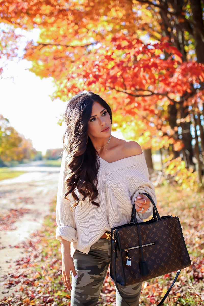 fall fashion 2017, cute fall outfits pinterest, fall outfits with louis vuitton bags, fall outfits oversized sweater, fall outfit camo jeans, Louis Vuitton Popincourt MM, emily gemma, the sweetest thing blog, michigan trip, travel blogger
