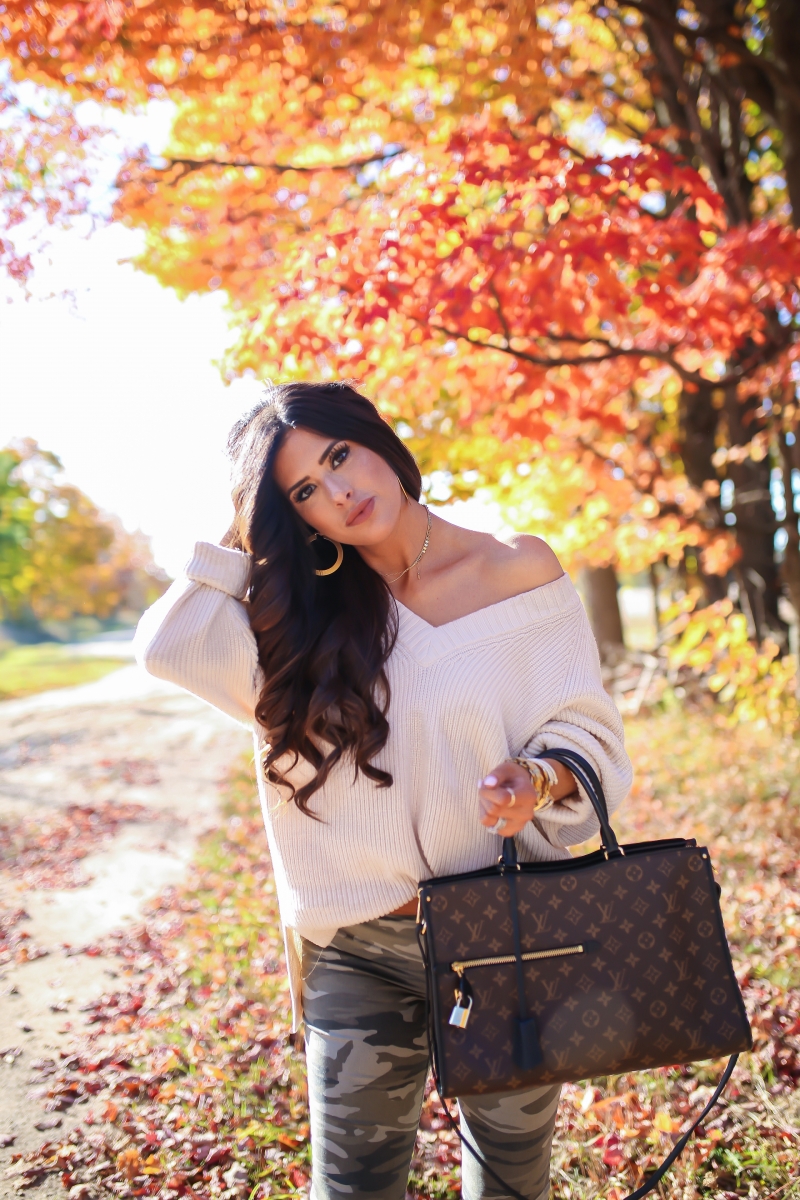 fall fashion 2017, cute fall outfits pinterest, fall outfits with louis vuitton bags, fall outfits oversized sweater, fall outfit camo jeans, Louis Vuitton Popincourt MM, emily gemma, the sweetest thing blog, michigan trip, travel blogger