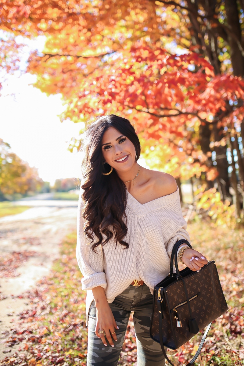 fall fashion 2017, cute fall outfits pinterest, fall outfits with louis vuitton bags, fall outfits oversized sweater, fall outfit camo jeans, Louis Vuitton Popincourt MM, emily gemma, the sweetest thing blog, michigan trip, travel blogger