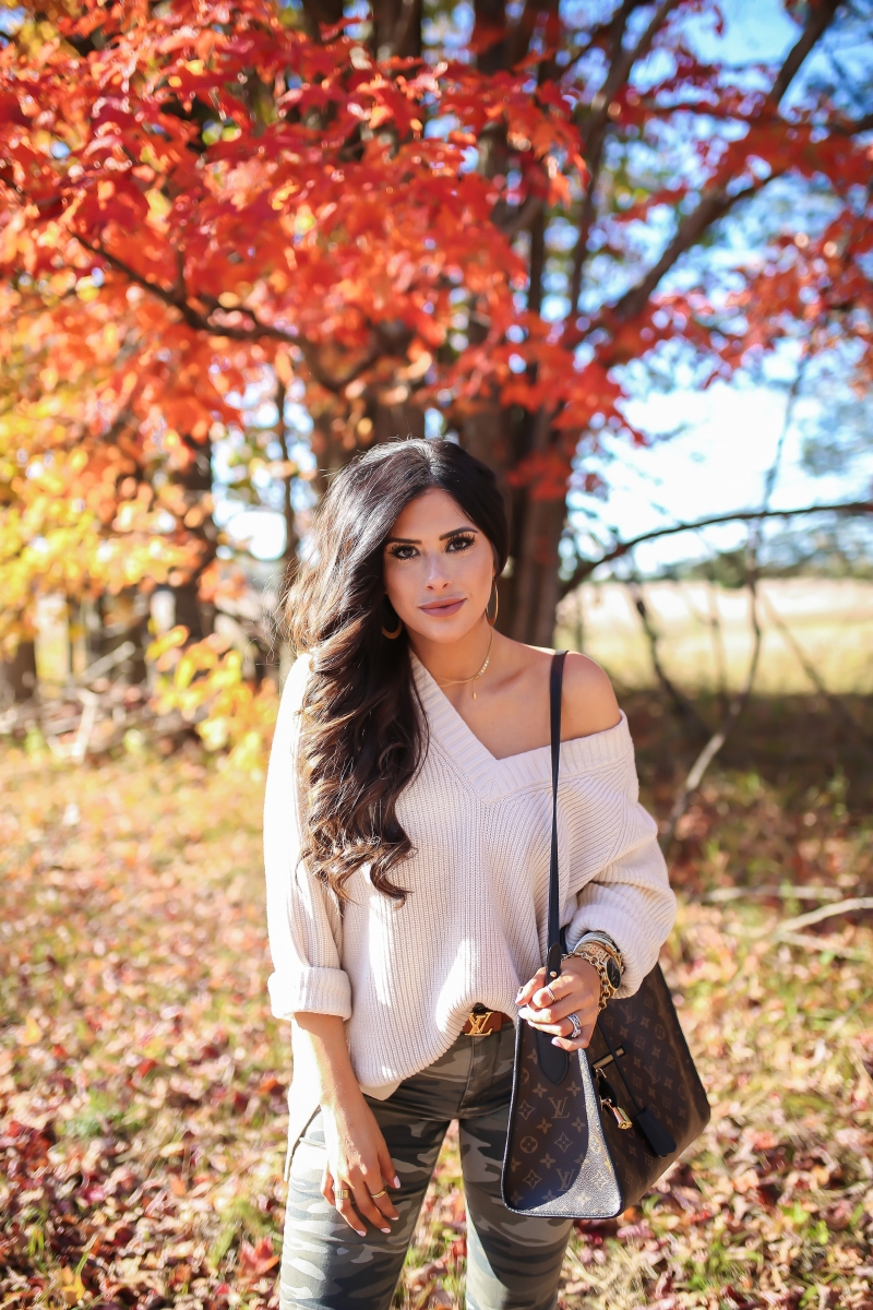 fall fashion 2017, cute fall outfits pinterest, fall outfits with louis vuitton bags, fall outfits oversized sweater, fall outfit camo jeans, Louis Vuitton Popincourt MM, emily gemma, the sweetest thing blog, michigan trip, travel blogger