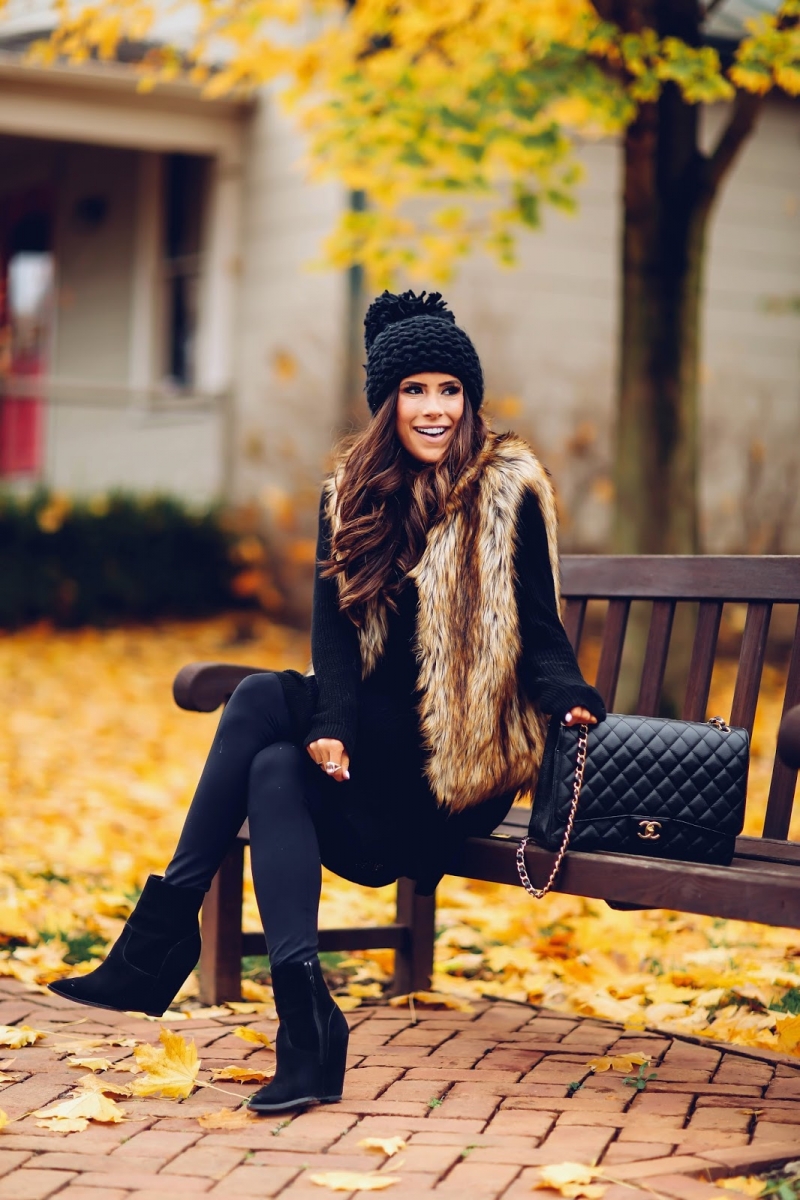 16 Thanksgiving Outfit Ideas featured by top US fashion blogger, Emily Gemma of The Sweetest Thing: cute fall thanksgiving outfitt 2017, cute pinterest faux fur vest outfit, emily ann gemma, the sweetest thing blog, all black outfit pinterest, easy cute casual womens outfit fall pinteres thanksgiving, chanel black classic maxi bag, fashion blogger fall outfits pinterest,