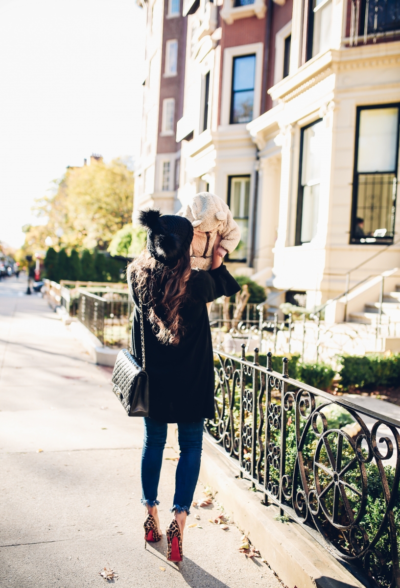The Sweetest Thing, Emily Gemma, Emily Ann Gemma, Blue Jeans, Animal Print Stilettos, Black Cardigan LV Belt, Chanel Handbag, Fashion Blogger, Winter Trends, Fall Trends, Streetstyle, Casual outfit, long hair. #fashionblogger #falloutfit #fallfavorite