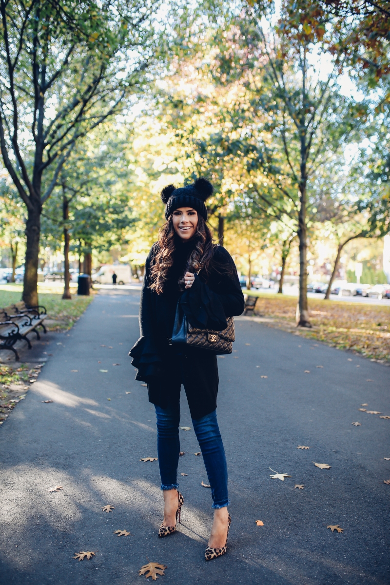 The Sweetest Thing, Emily Gemma, Emily Ann Gemma, Blue Jeans, Animal Print Stilettos, Black Cardigan LV Belt, Chanel Handbag, Fashion Blogger, Winter Trends, Fall Trends, Streetstyle, Casual outfit, long hair. #fashionblogger #falloutfit #fallfavorite