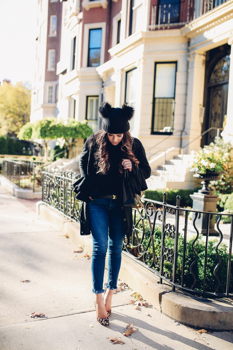 The Sweetest Thing, Emily Gemma, Emily Ann Gemma, Blue Jeans, Animal Print Stilettos, Black Cardigan LV Belt, Chanel Handbag, Fashion Blogger, Winter Trends, Fall Trends, Streetstyle, Casual outfit, long hair. #fashionblogger #falloutfit #fallfavorite