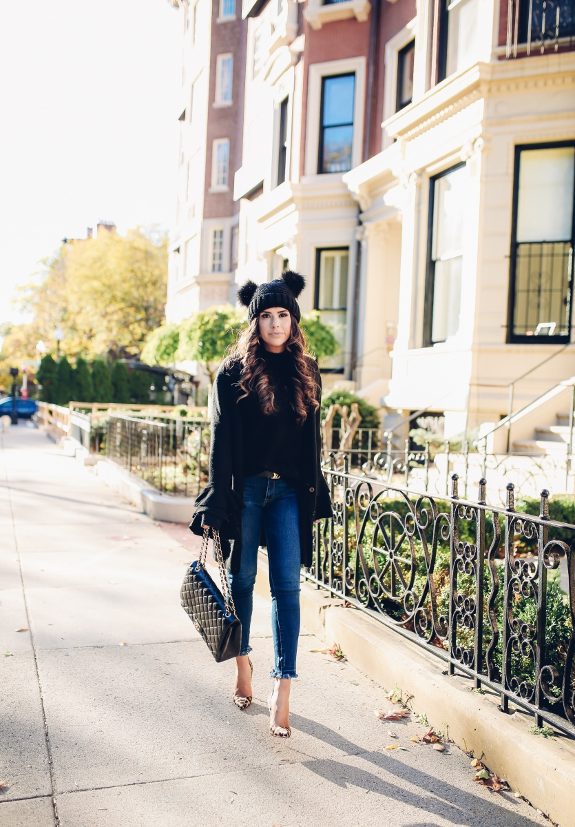 The Sweetest Thing, Emily Gemma, Emily Ann Gemma, Blue Jeans, Animal Print Stilettos, Black Cardigan LV Belt, Chanel Handbag, Fashion Blogger, Winter Trends, Fall Trends, Streetstyle, Casual outfit, long hair. #fashionblogger #falloutfit #fallfavorite