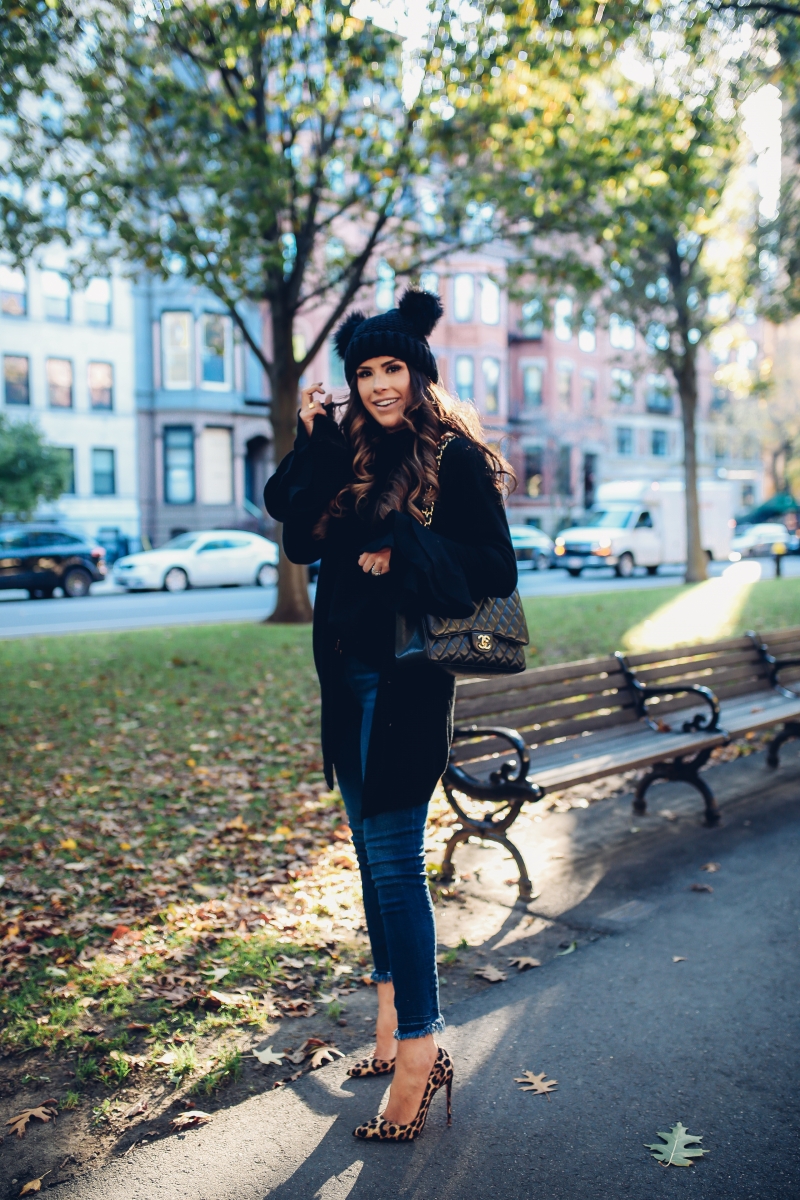 The Sweetest Thing, Emily Gemma, Emily Ann Gemma, Blue Jeans, Animal Print Stilettos, Black Cardigan LV Belt, Chanel Handbag, Fashion Blogger, Winter Trends, Fall Trends, Streetstyle, Casual outfit, long hair. #fashionblogger #falloutfit #fallfavorite